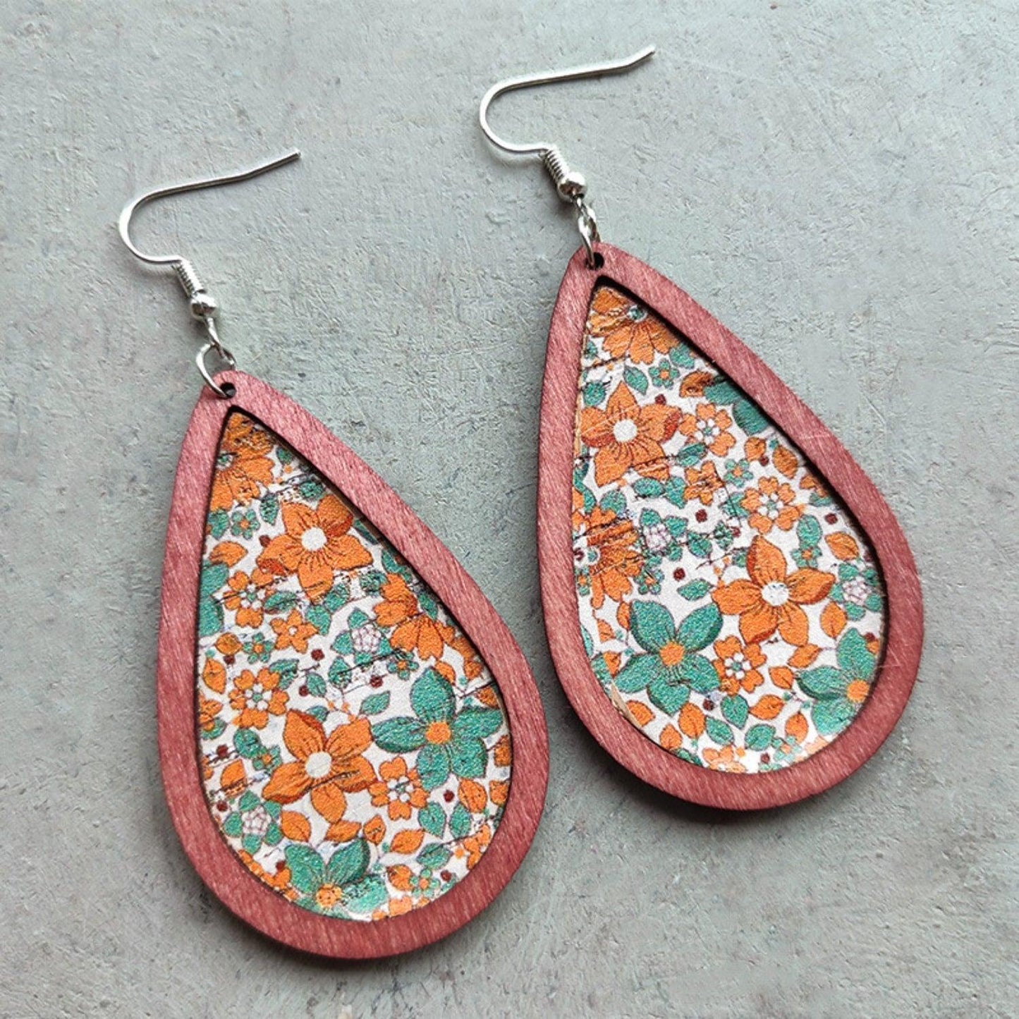 Floral Wood Teardrop Earrings Turquoise One Size