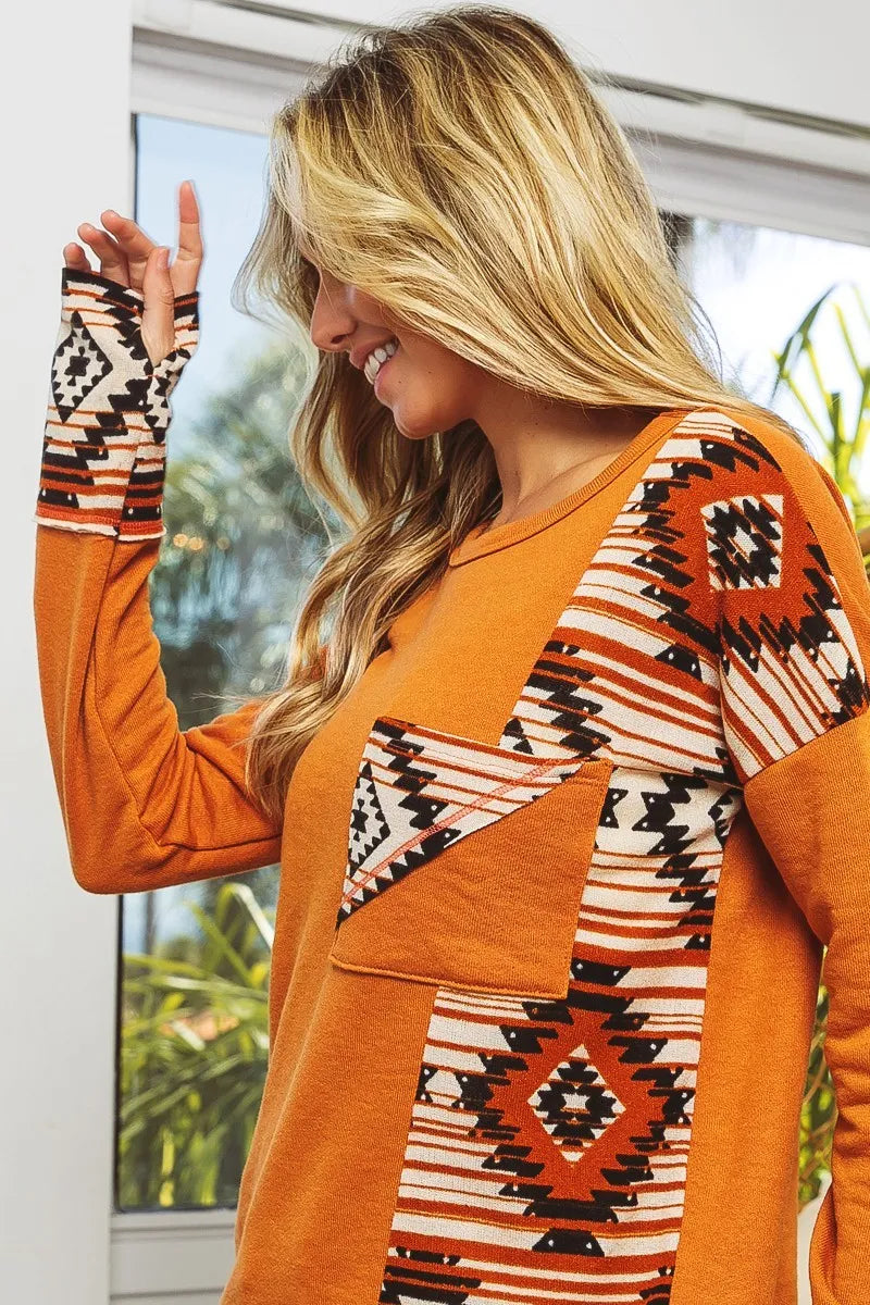 BiBi French Terry with Aztec Print Top