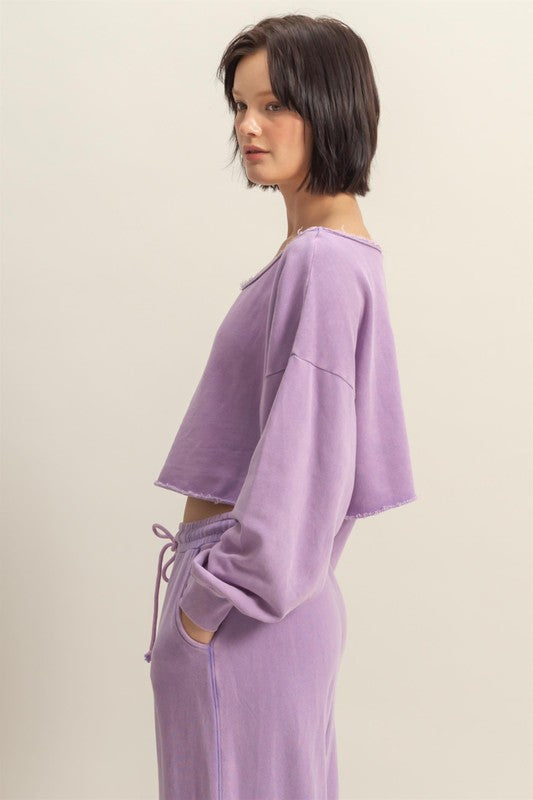 HYFVE Frayed Detail Boat Neck Long Sleeve Crop Top