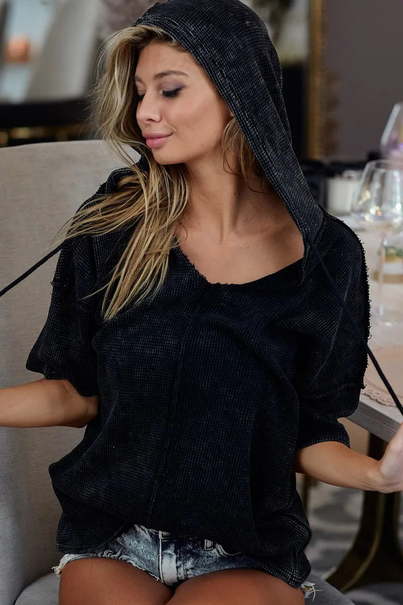 BiBi Mineral Washed Short Sleeve Hoodie Top BLACK CHARCOAL