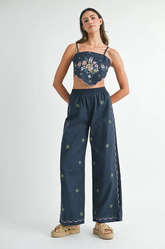 MABLE Linen Embroidered Scarf Top and Pants Set