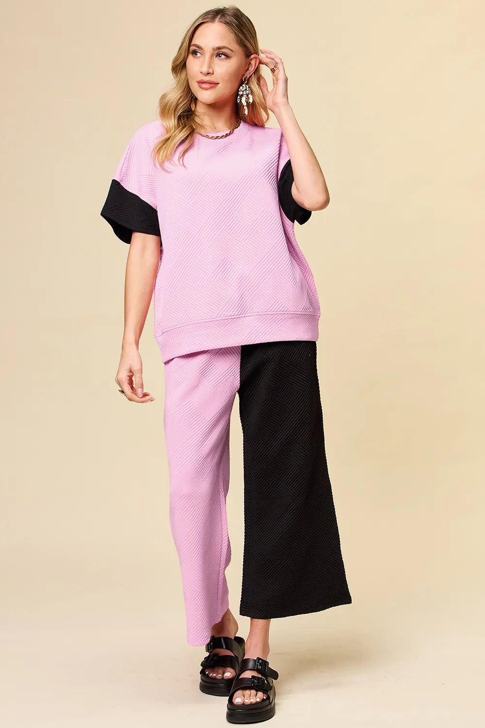 Double Take Full Size Texture Contrast T-Shirt and Wide Leg Pants Set Pink