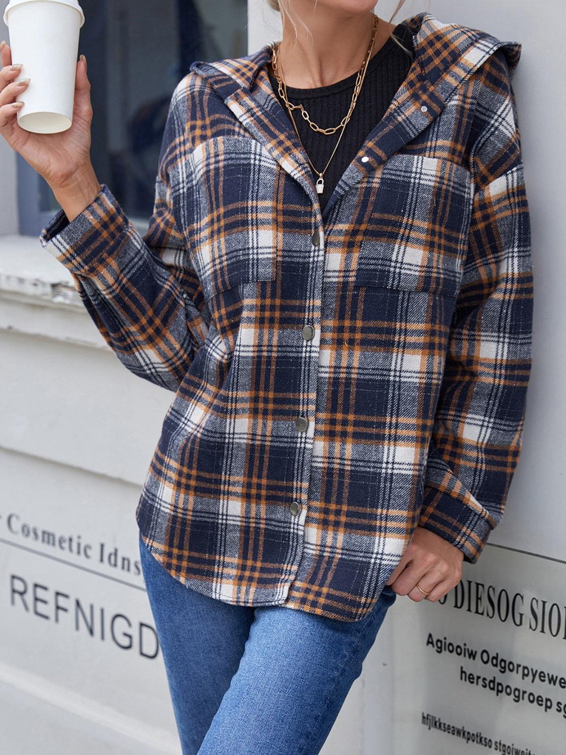 Ivy Lane Plaid Button Up Long Sleeve Hooded Jacket Navy
