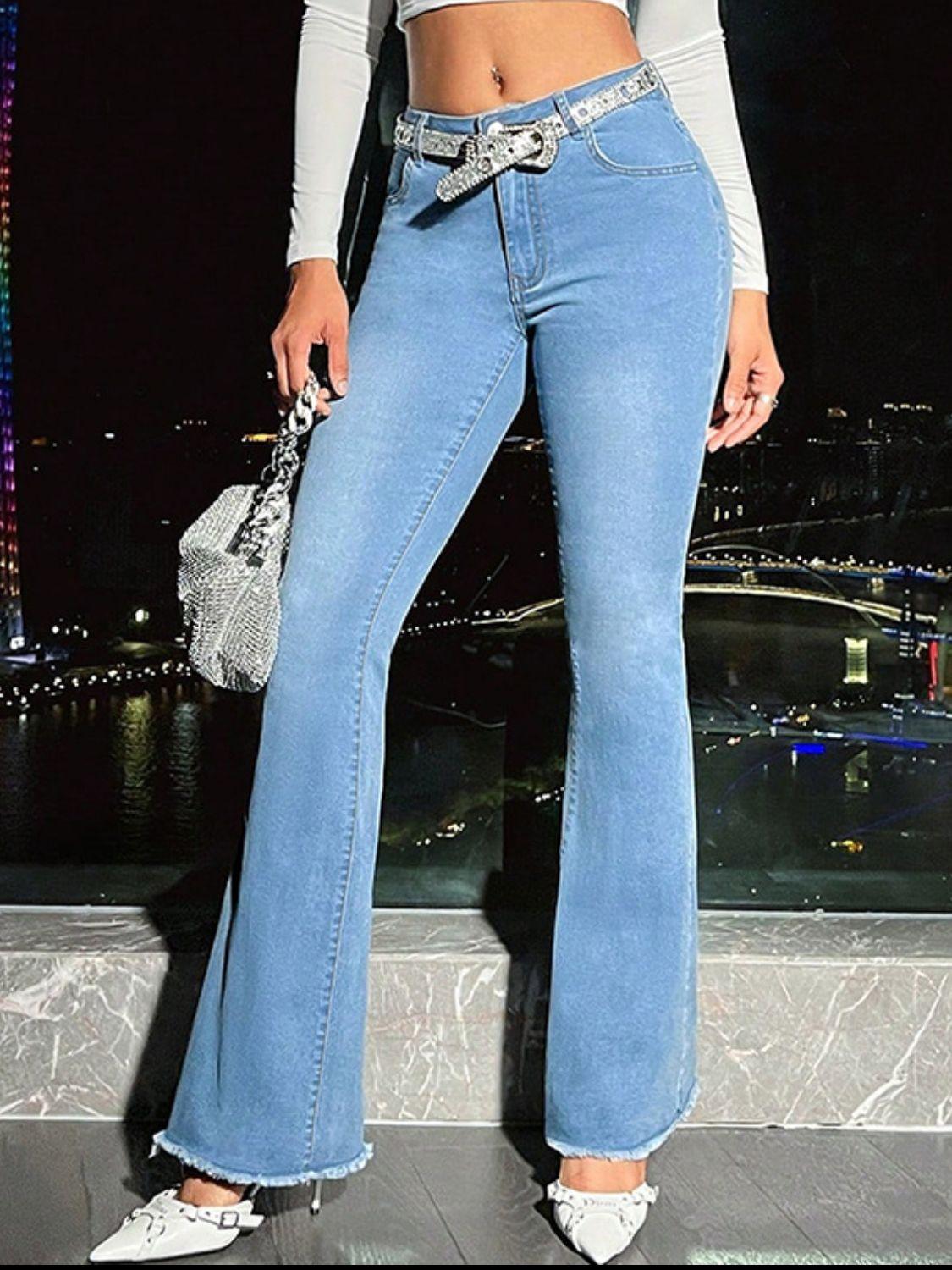 Raw Hem Bootcut Jeans with Pockets Light