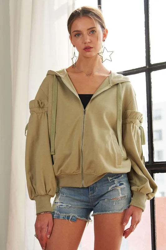 ADORA Ruffled Puff Sleeve Zip Up Hoodie