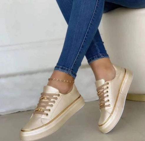 Women's Chain Flat Loafers | PU Leather Round-Toe Walking Shoes