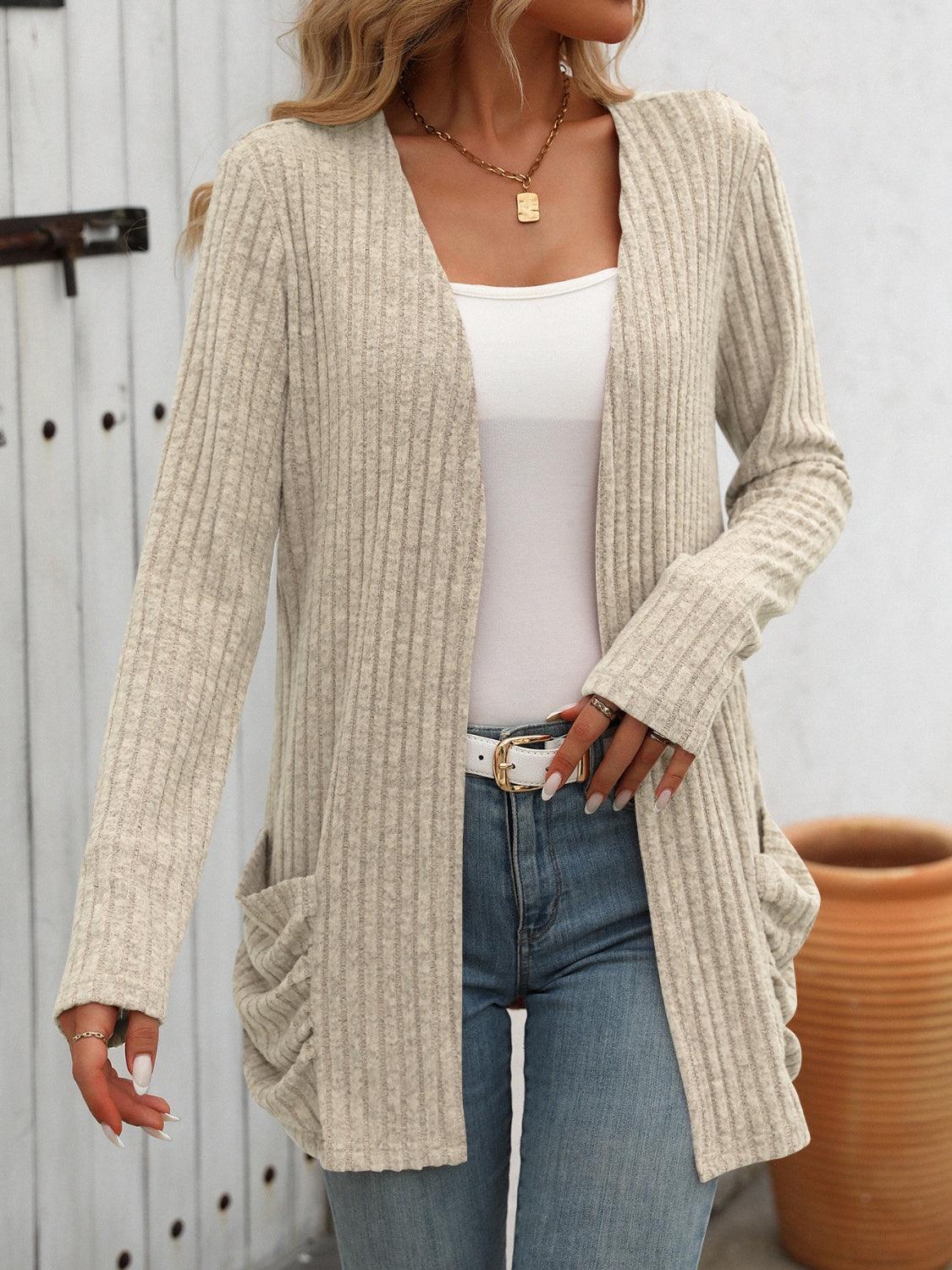 Mandy Open Front Long Sleeve Ribbed Cardigan Beige