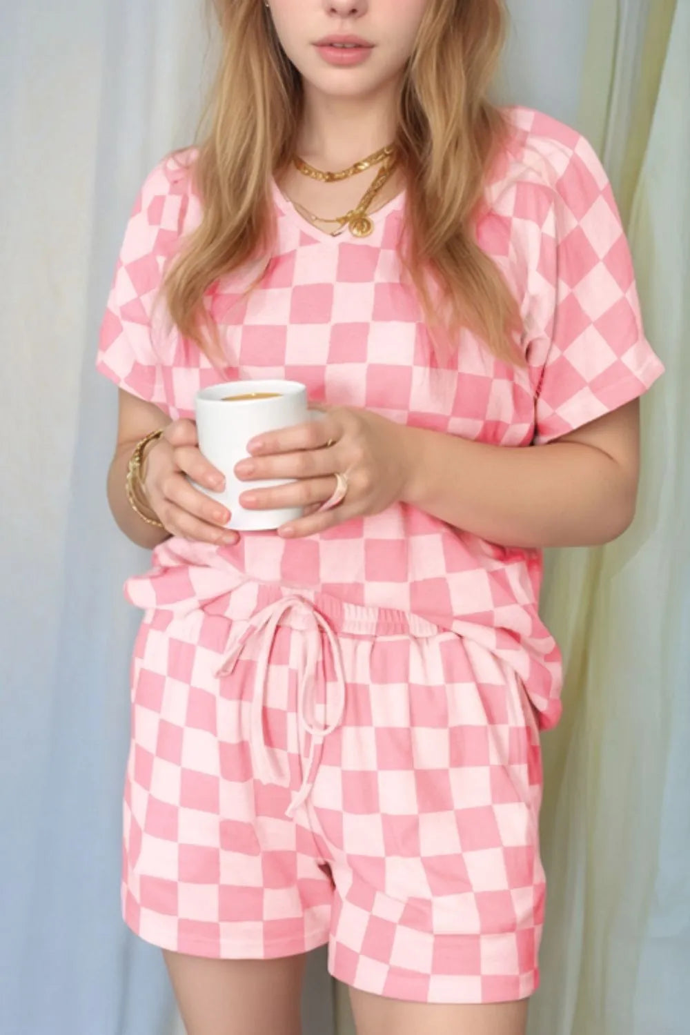 Checkered Short Sleeve Top and Shorts Set Blush Pink