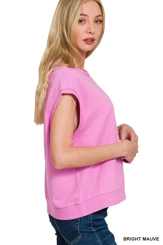 Zenana French Terry Round Neck Cap Sleeve T-Shirt