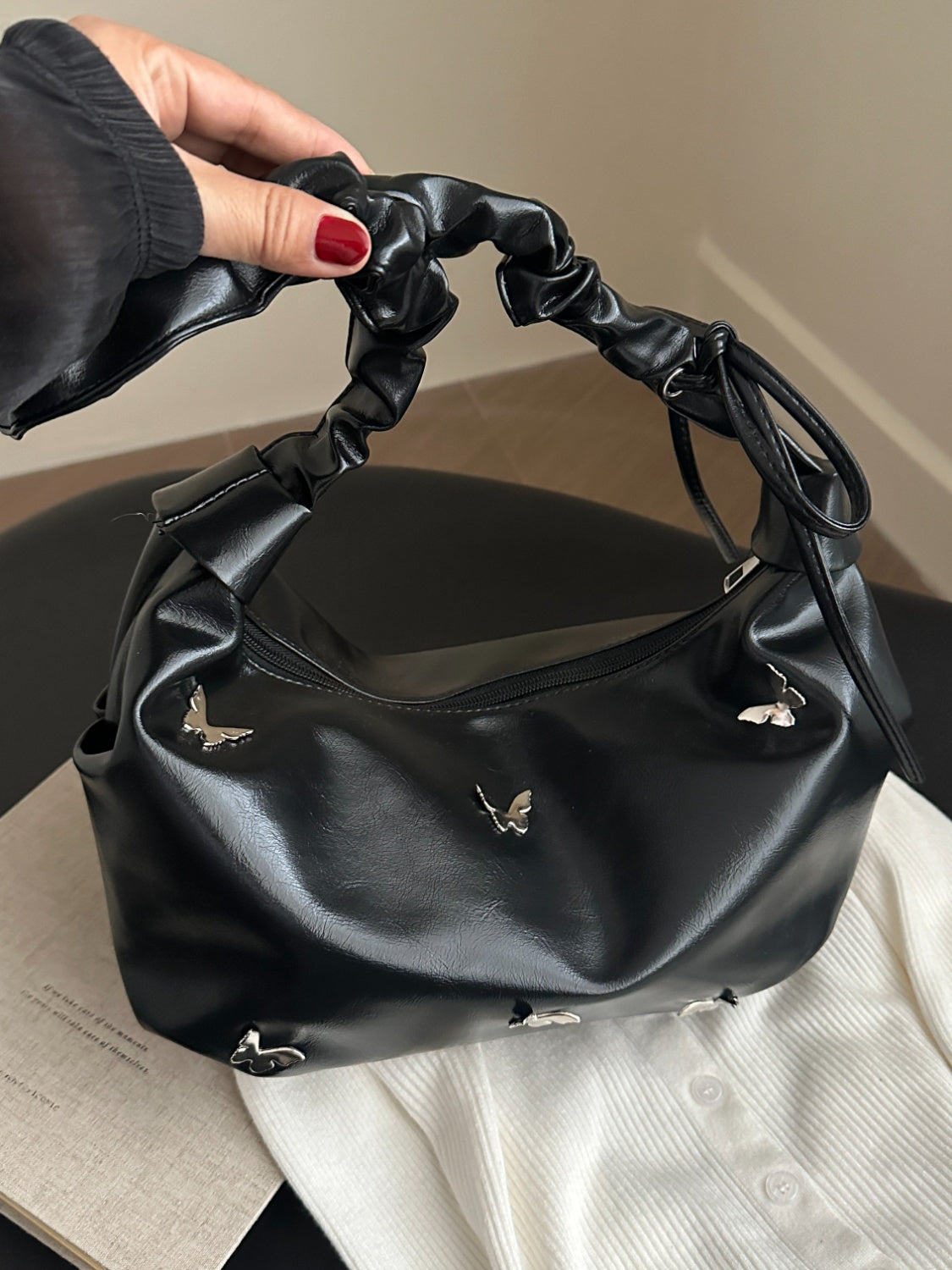 Butterfly Ruched Strap Shoulder Bag Black One Size