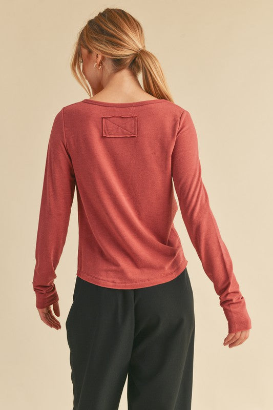 Aemi + Co Ruched Front Round Neck Long Sleeve T-Shirt