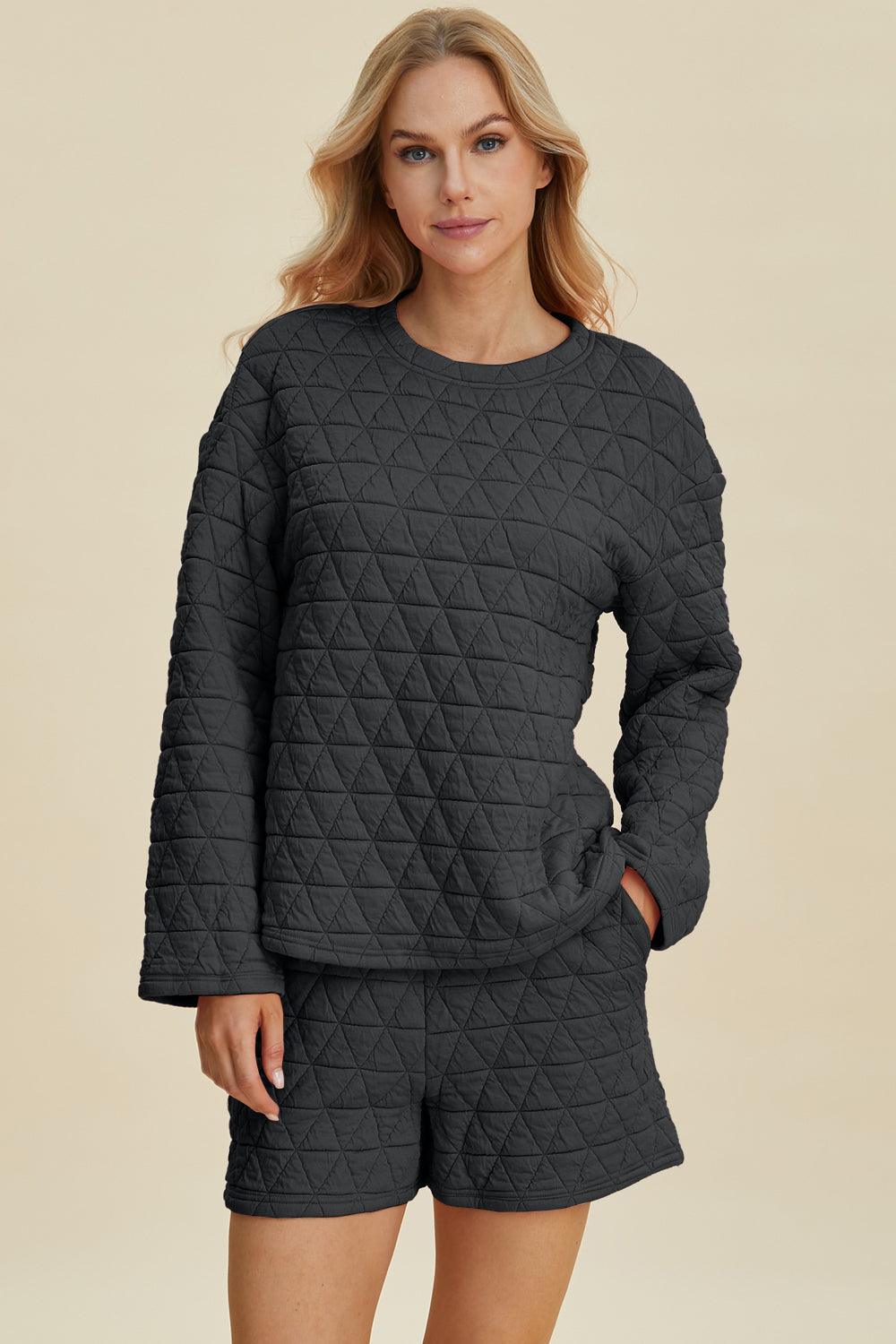 Double Take Full Size Texture Round Neck Long Sleeve Top and Shorts Set Black