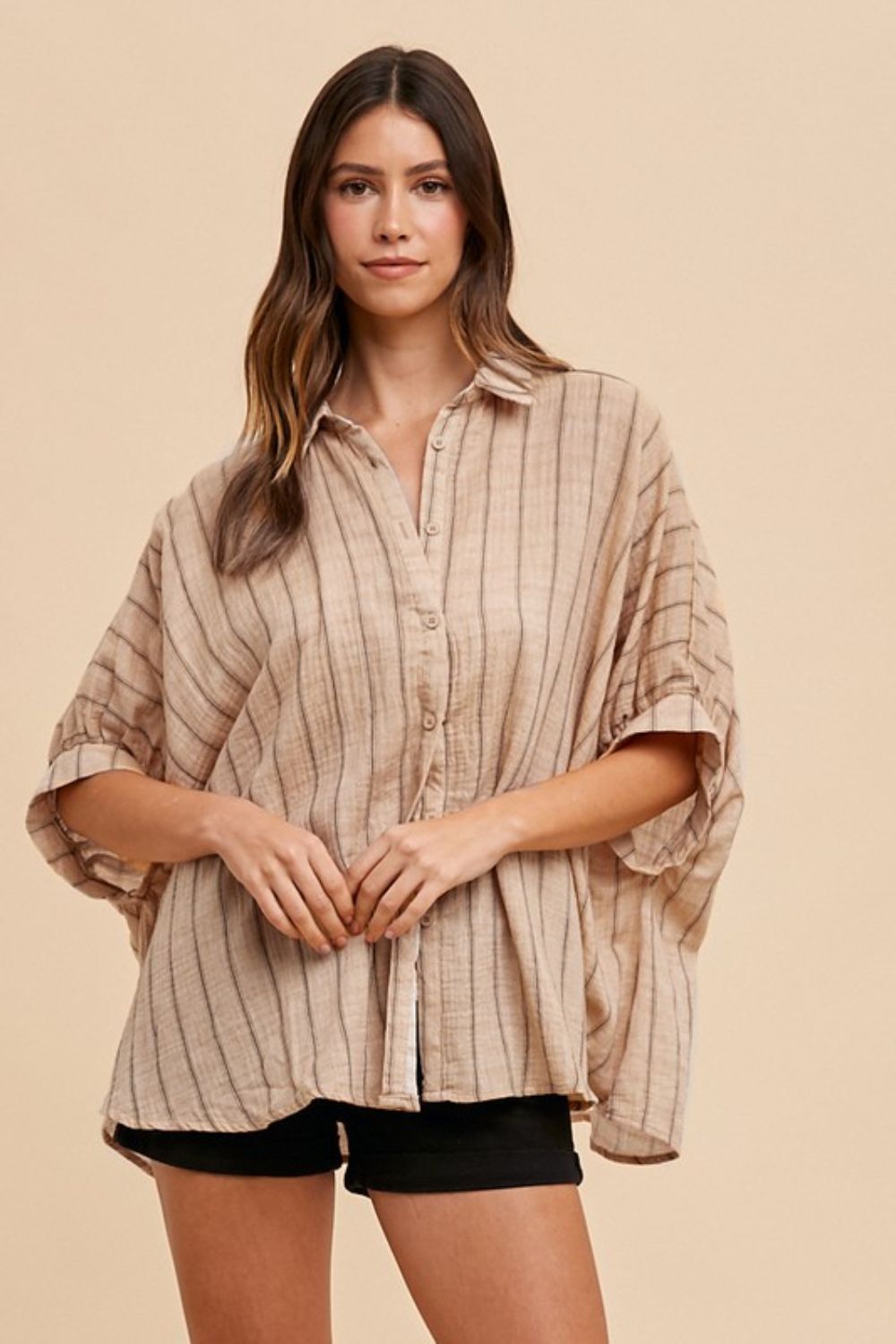 Annie Wear Striped Button Up Half Sleeve Shirt Latte