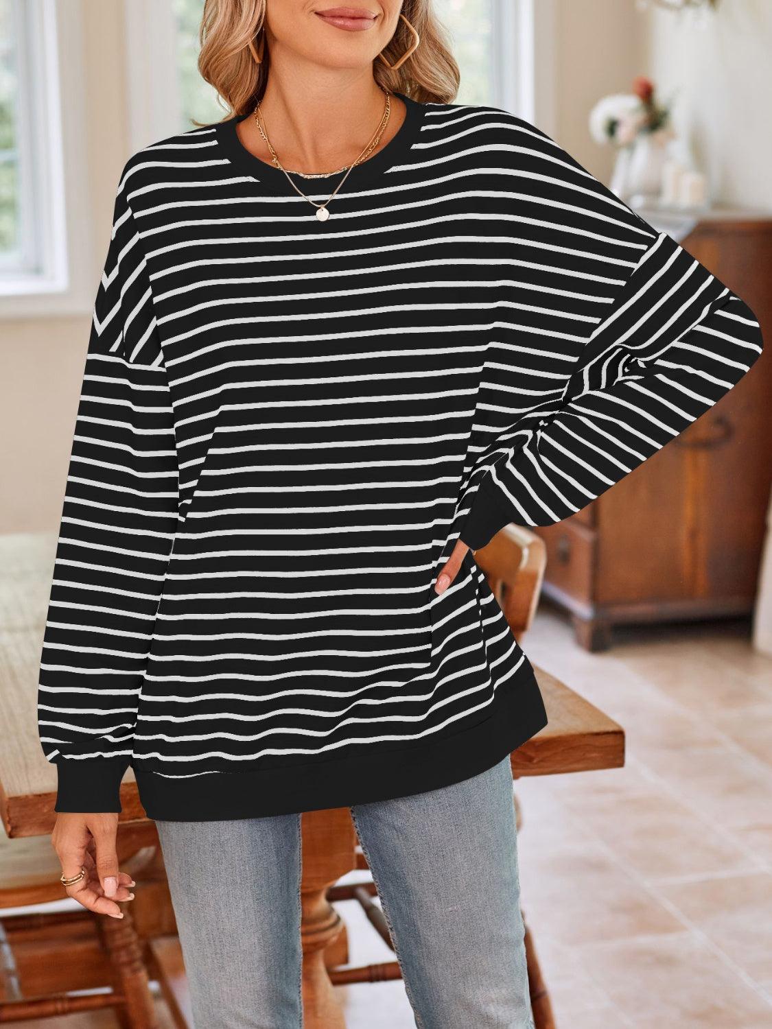 Lovelet Striped Round Neck Long Sleeve Sweatshirt Black