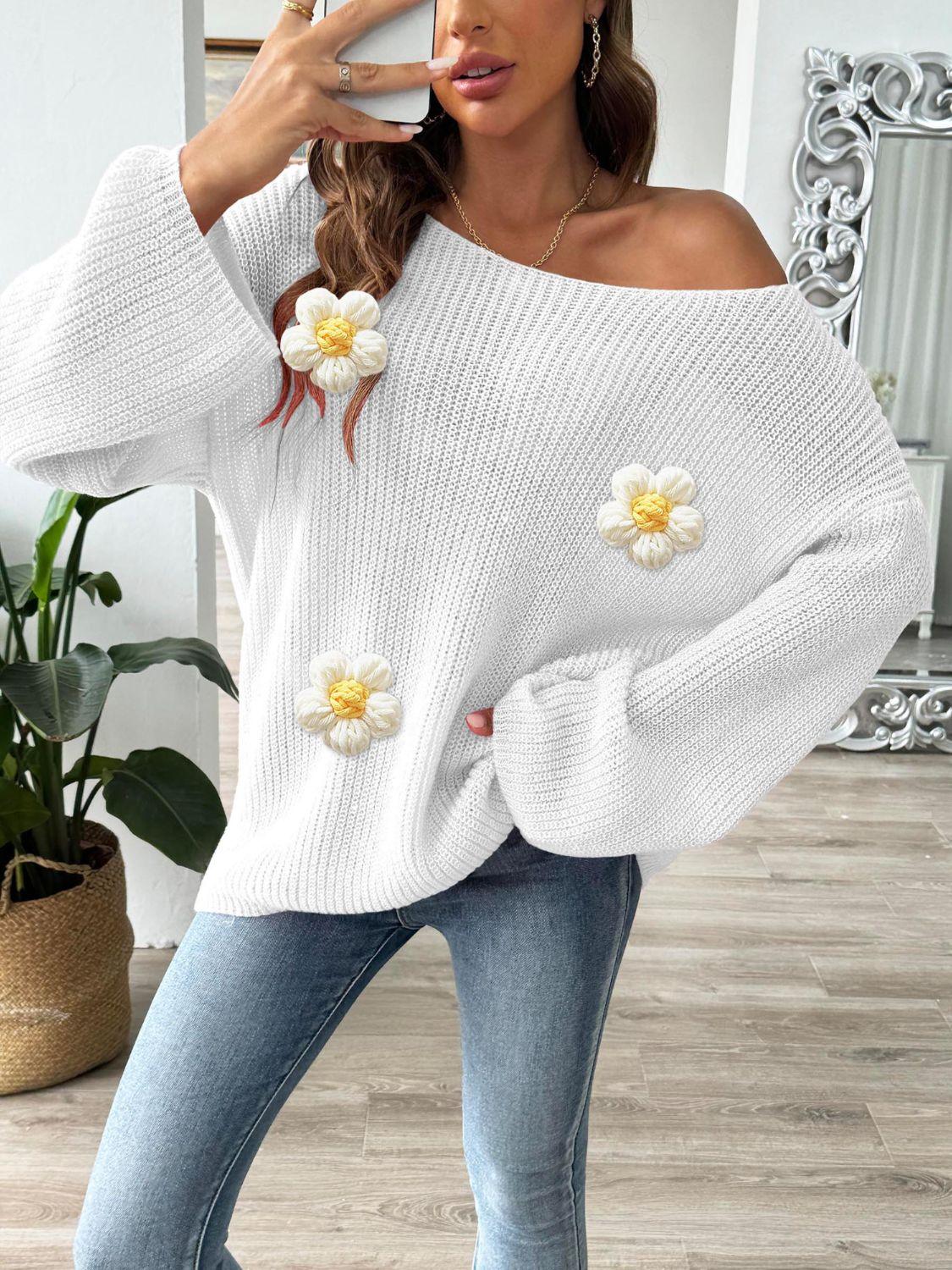 Flower Round Neck Long Sleeve Sweater White