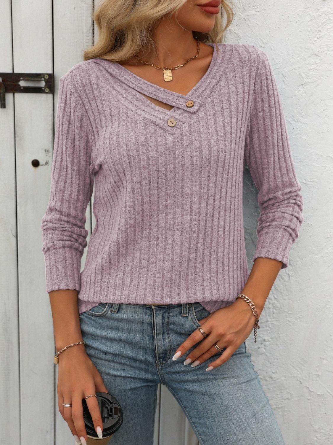 Mandy Ribbed V-Neck Long Sleeve T-Shirt Moonlit Mauve