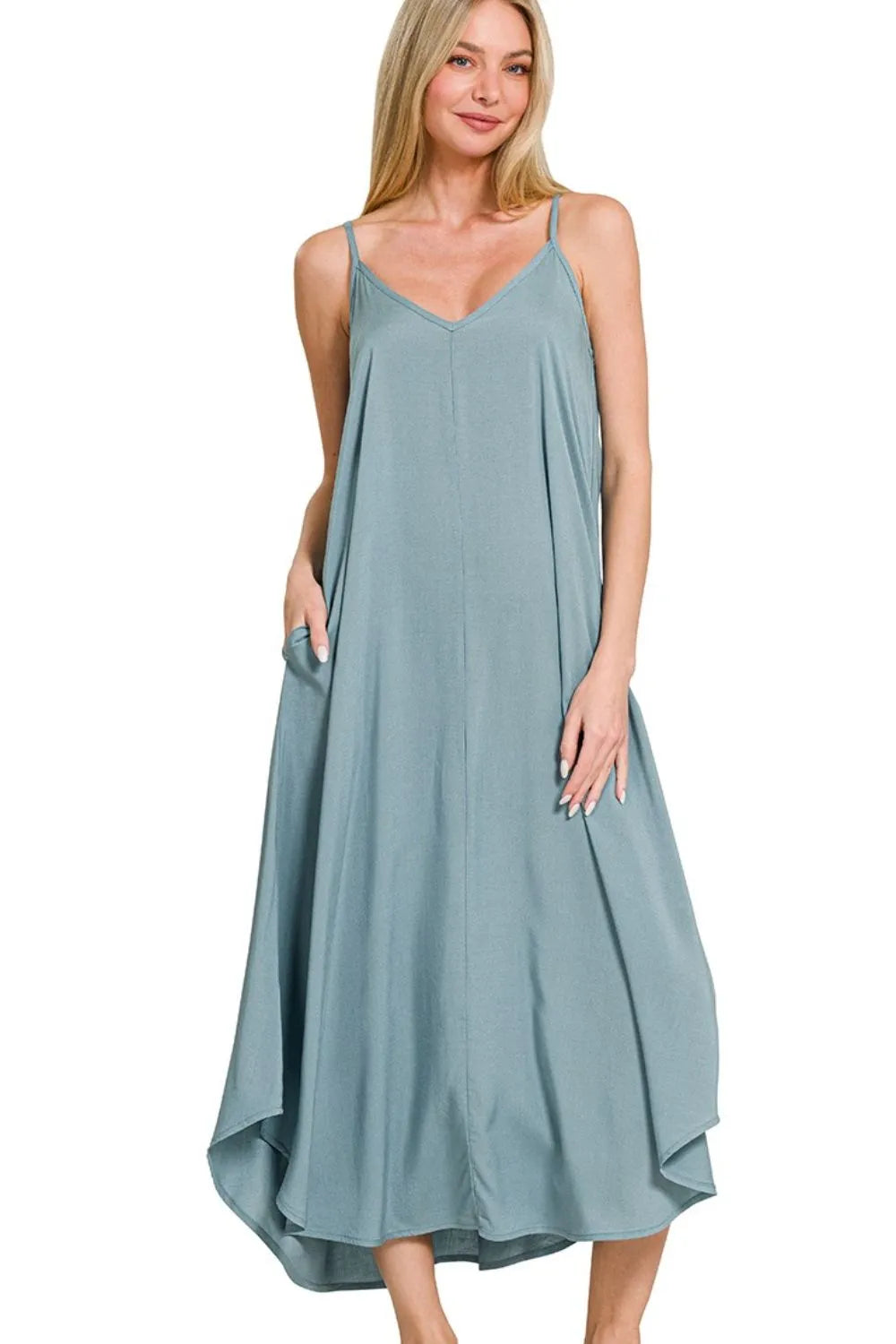 Zenana Woven Arc Hem Cami Dress With Flowy Pockets BLUE GREY