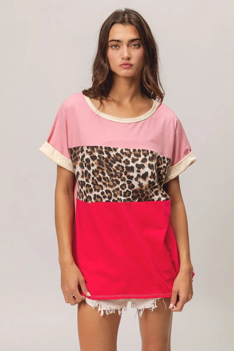 BiBi Leopard Printed Jersey Color Block Roll Up