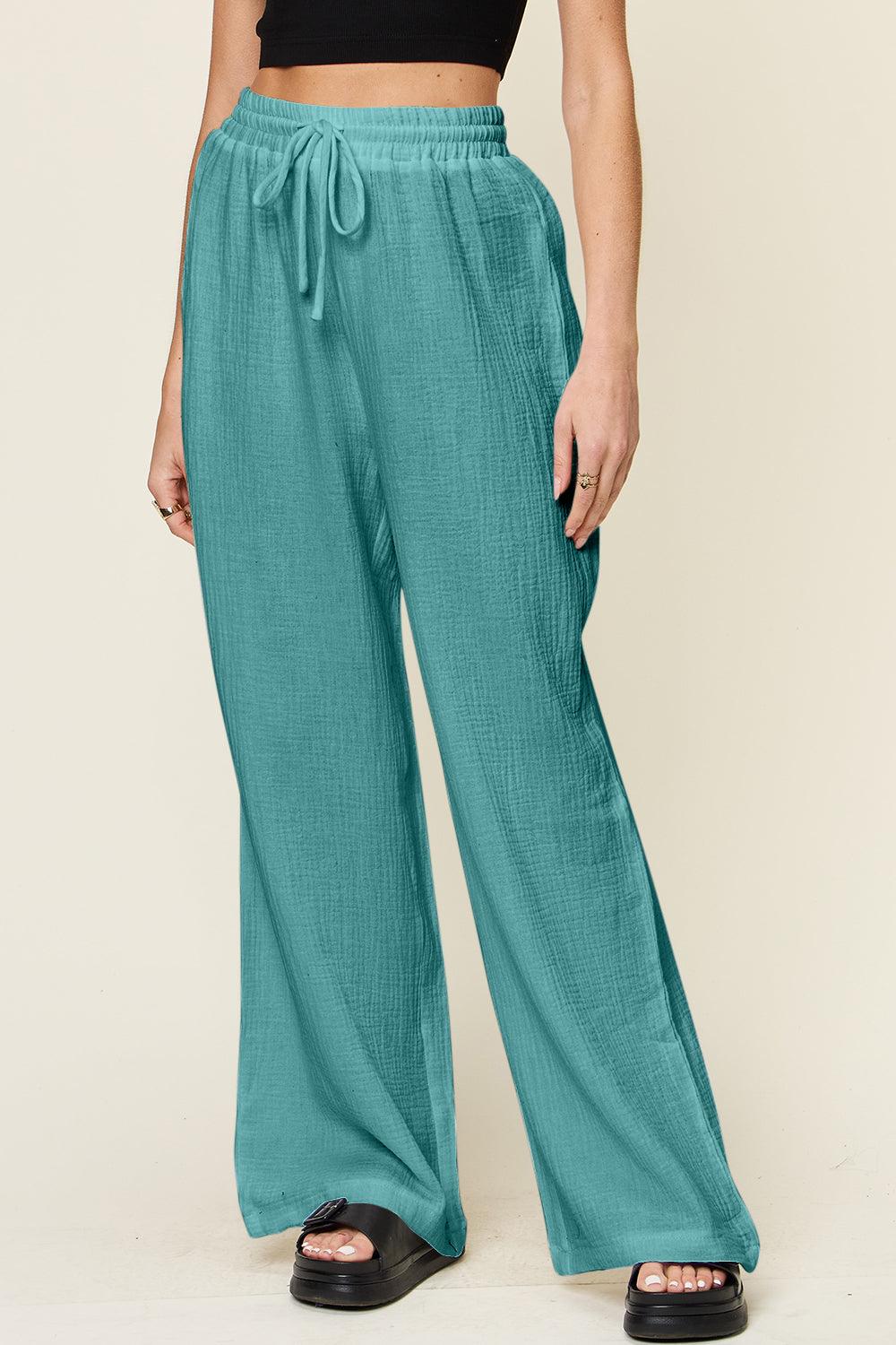 Double Take Full Size Texture Drawstring Wide Leg Pants Cerulean