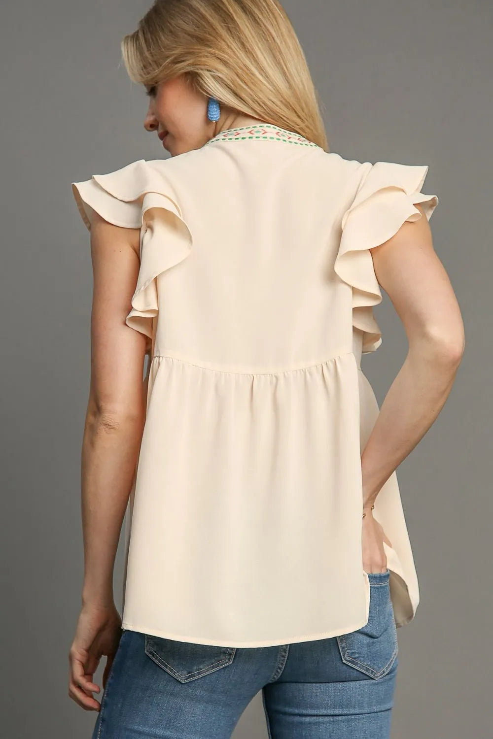 Umgee Full Size Embroidery Notched Double Ruffle Sleeve Blouse Plus Size