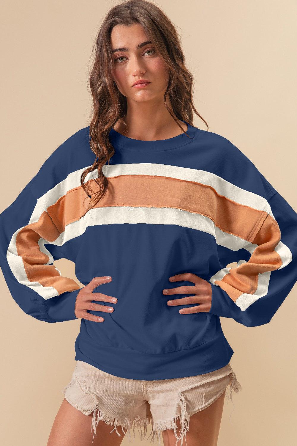 BiBi French Terry Color Block Cut Edge Detail Sweatshirt Indigo Mustard Ivory
