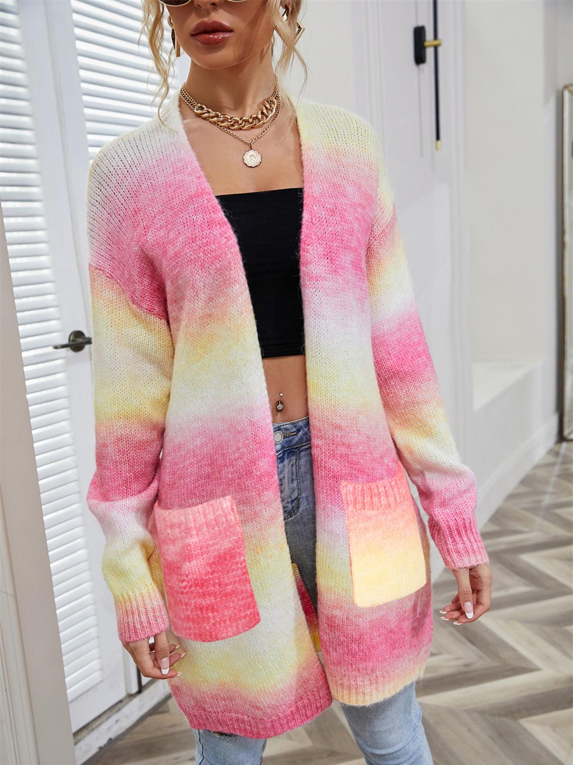 Angel Wings Full Size Pocketed Open Front Gradient Cardigan Pink