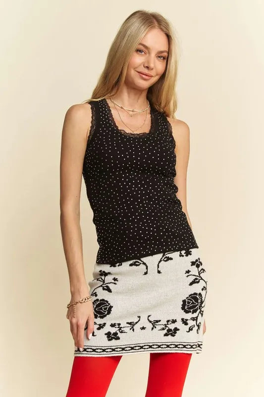 Davi & Dani Rhinestone Lace Trim Detail Tank Black