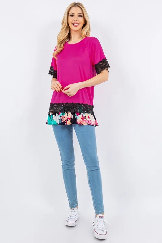 Celeste Full Size Lace Trim Short Sleeve Top Plus Size