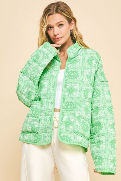 Davi & Dani Vintage Print Open Front Jacket with Pockets Neon Green