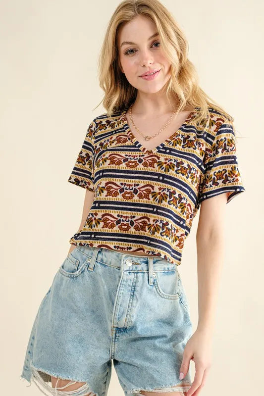 And The Why Printed V Neck Cropped T-Shirt