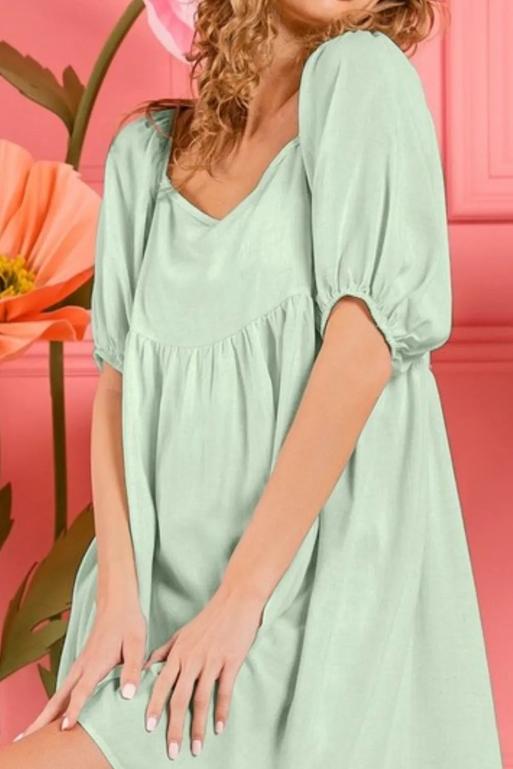 BiBi Washed Linen Tiered Midi Dress with Puff Sleeves