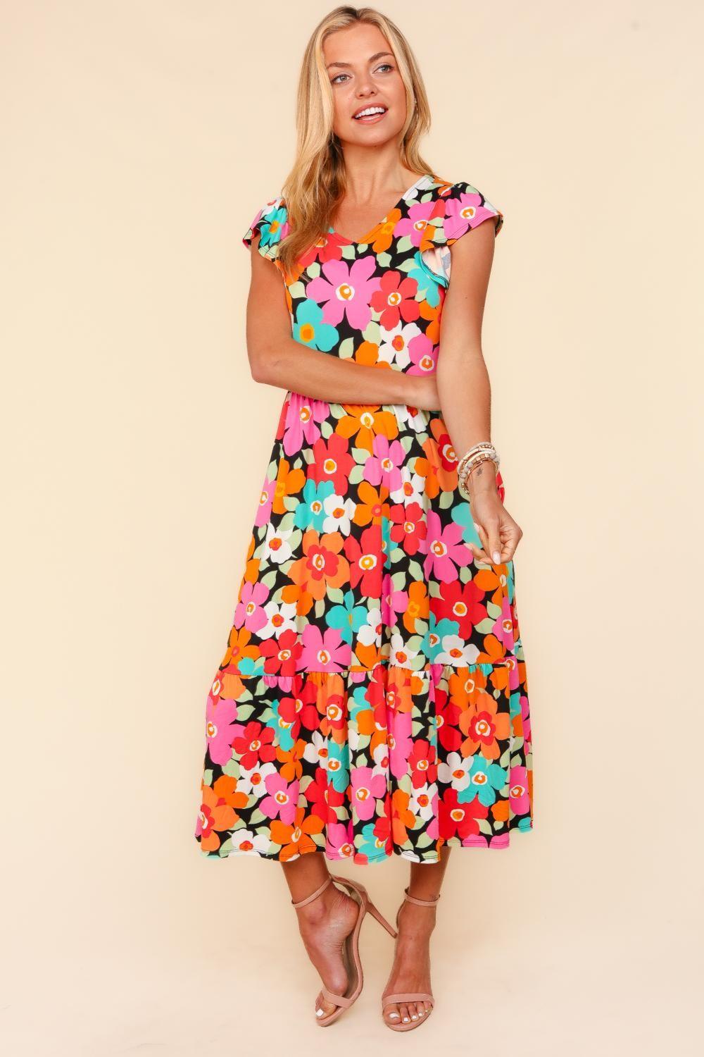 Haptics Floral Midi Dress with Side Pockets Coral Mint