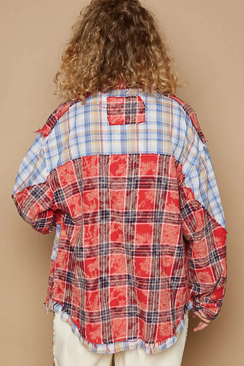 POL Plaid Patchwork Long Sleeve Shirt with Raw Edge Detail