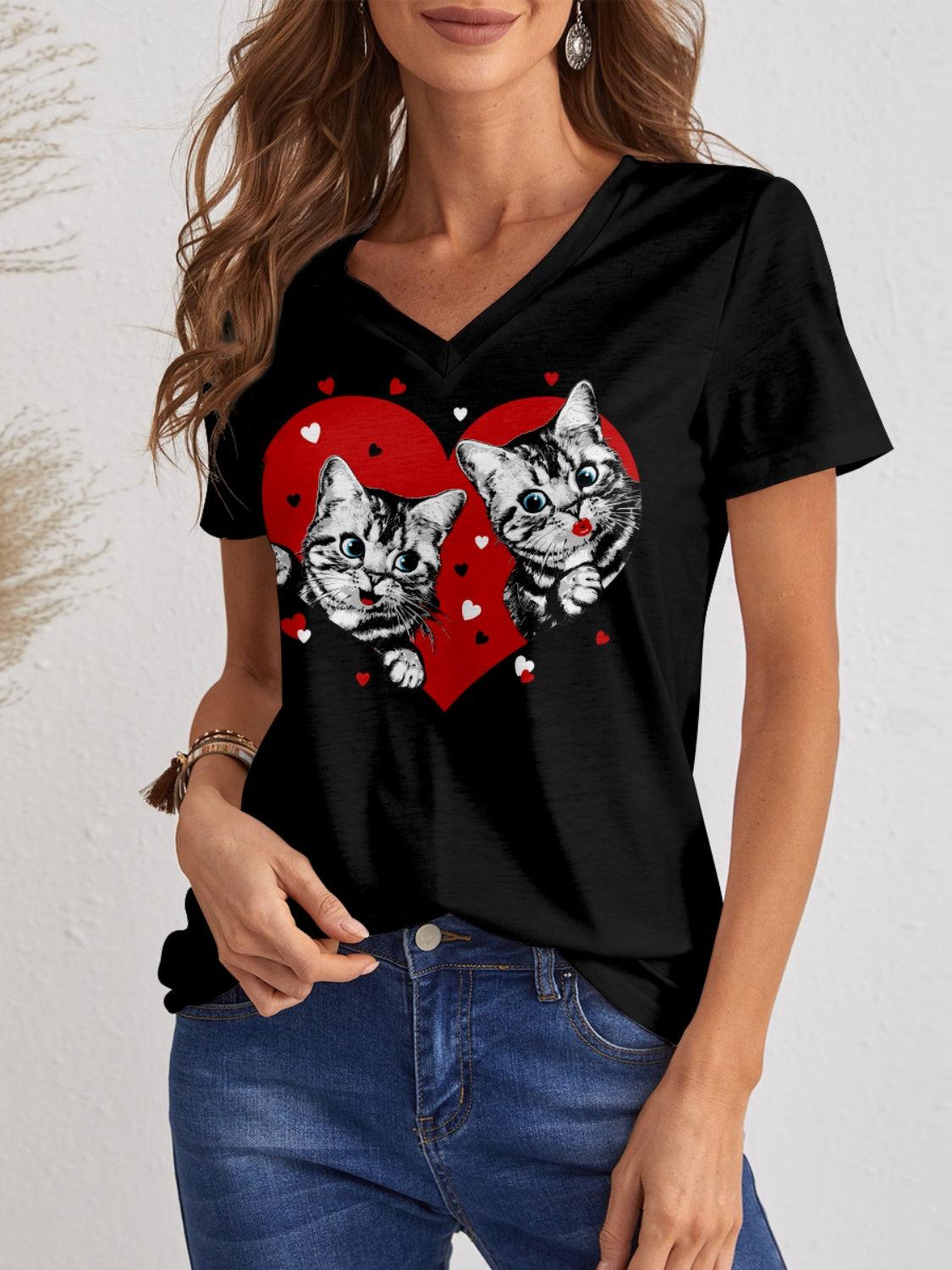 FAM-FAM Cat V-Neck Short Sleeve T-Shirt Black