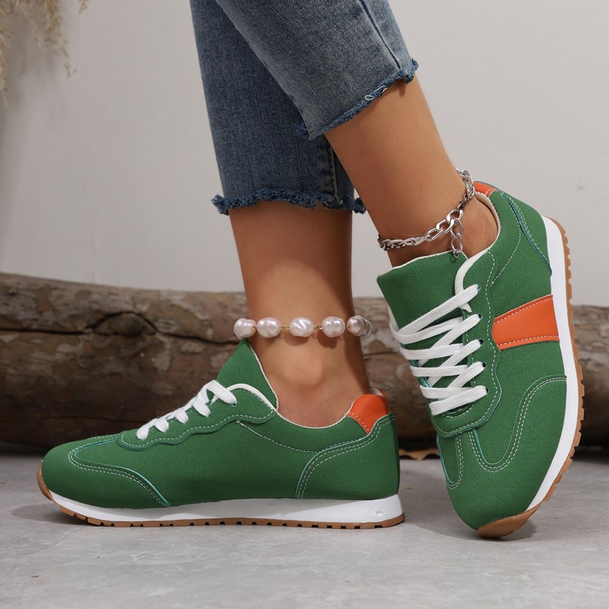 PU Leather Contrast Round Toe Flats Sneakers Green
