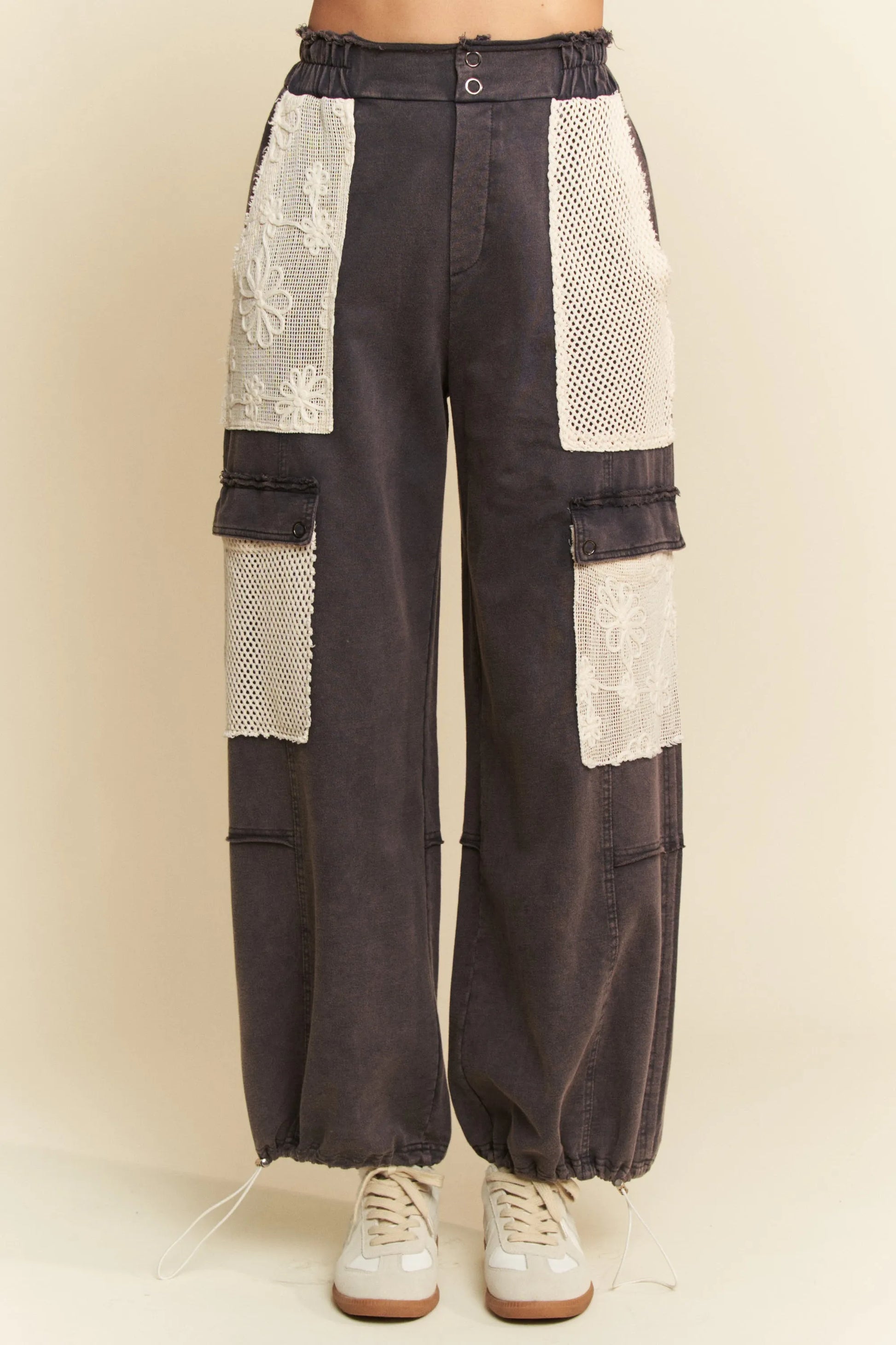 Davi & Dani Lace Patchwork Bottom Opening Adjustable Pants NAVY