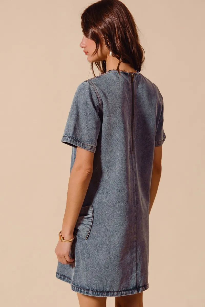 SO ME Bow Ribbon Knot Applique Denim Mini Dress