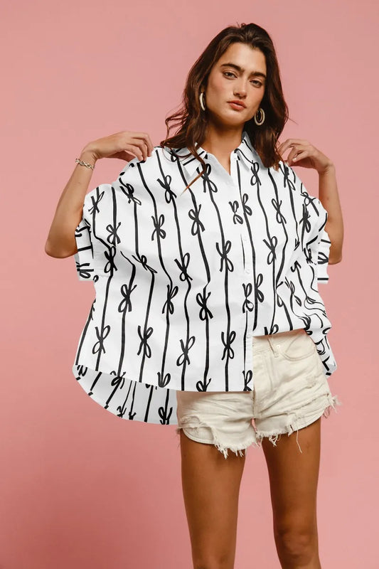 BiBi Bow Ribbon Woven Printed Button Down Shirt OFF WHITE BLACK