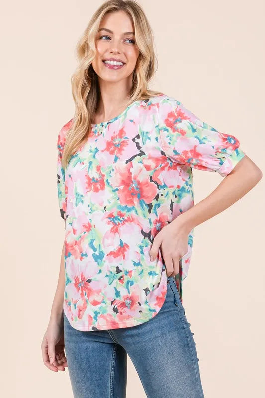 BOMBOM Floral Round Neck Puff Sleeve Top