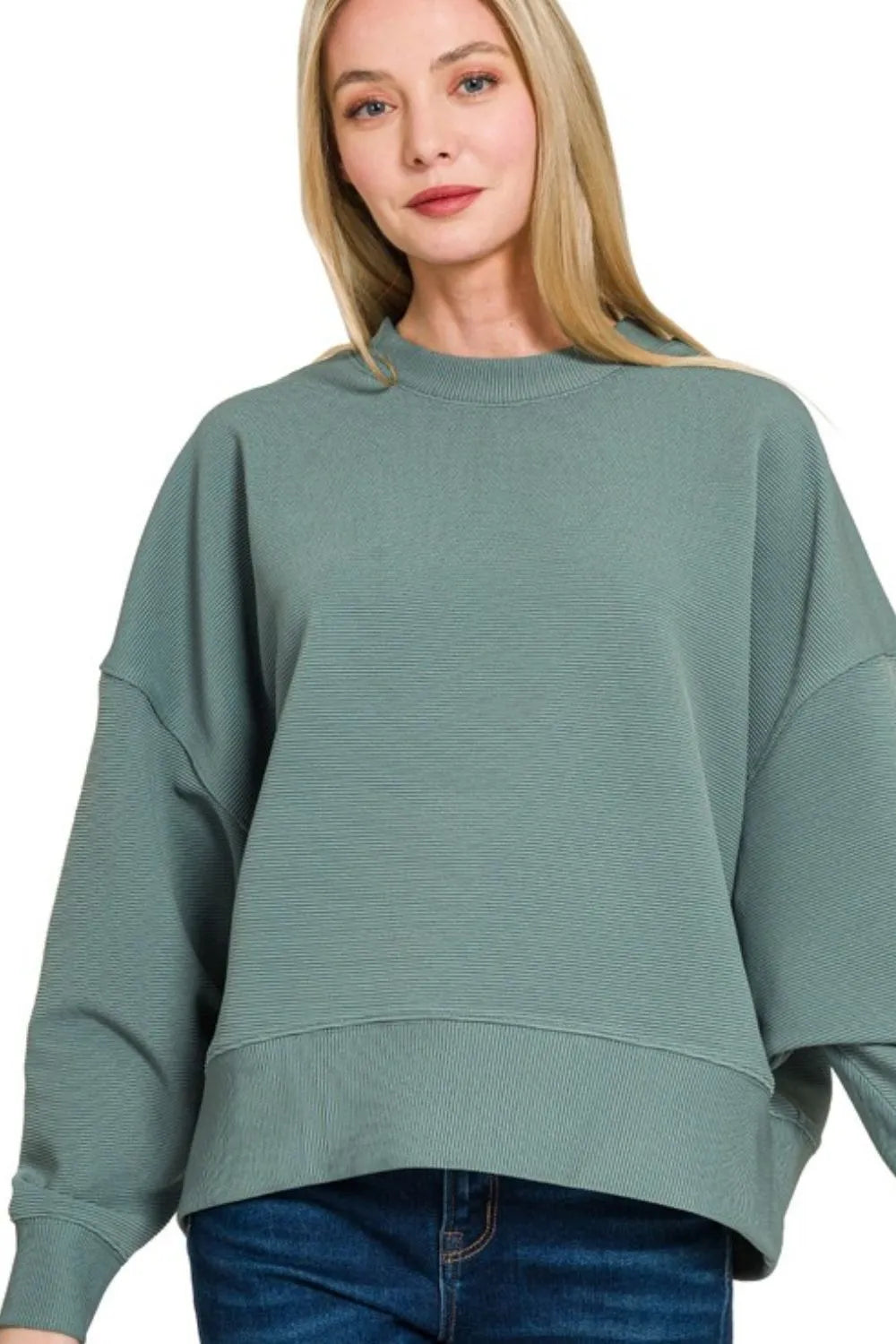 Zenana Ribbed Balloon Sleeve Sweatshirt ASH JADE