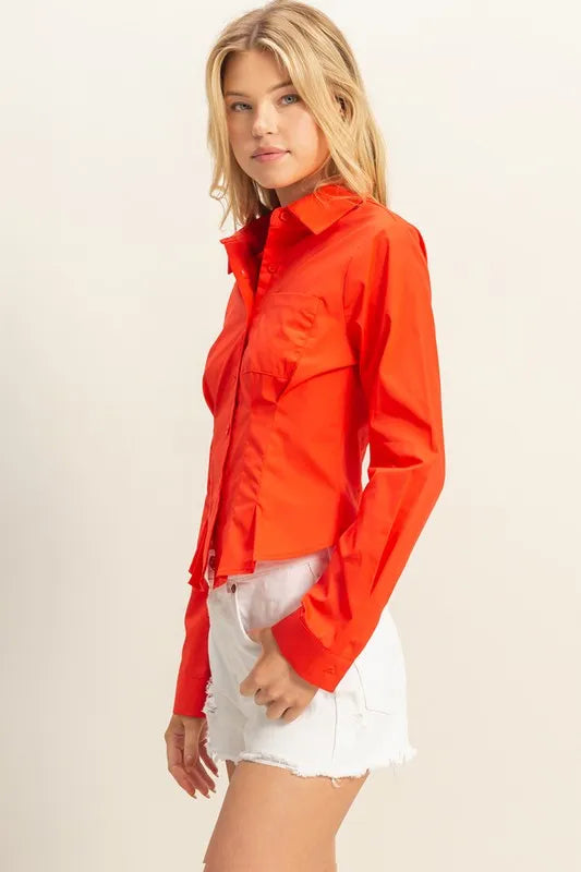 HYFVE Long Sleeve Pleated Waist Poplin Shirt