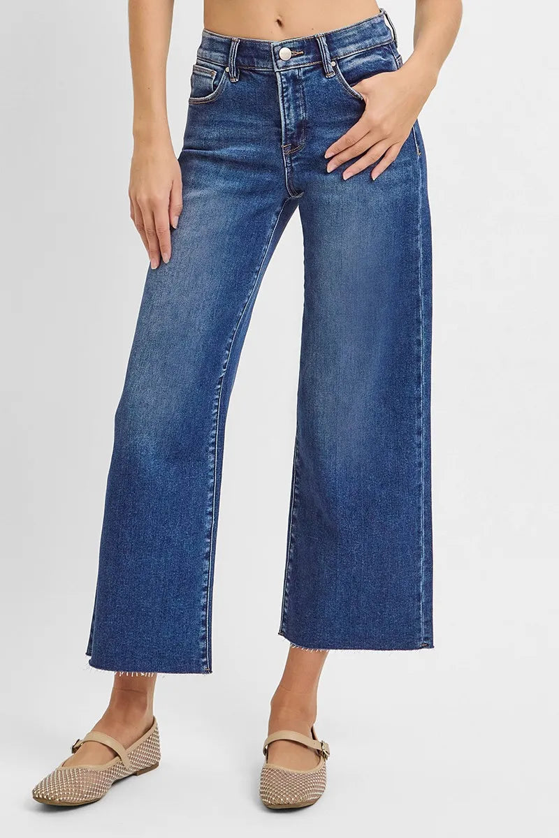 RISEN Raw Hem Wide Leg Cropped Jeans Dark
