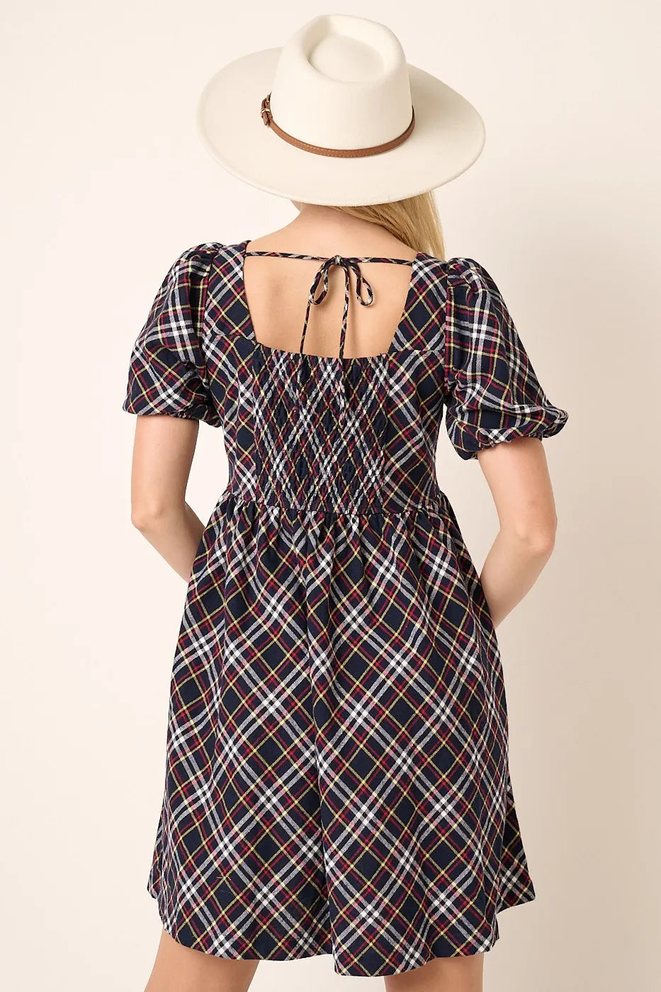 Mittoshop Checkered Print Puff Sleeve Babydoll Mini Dress
