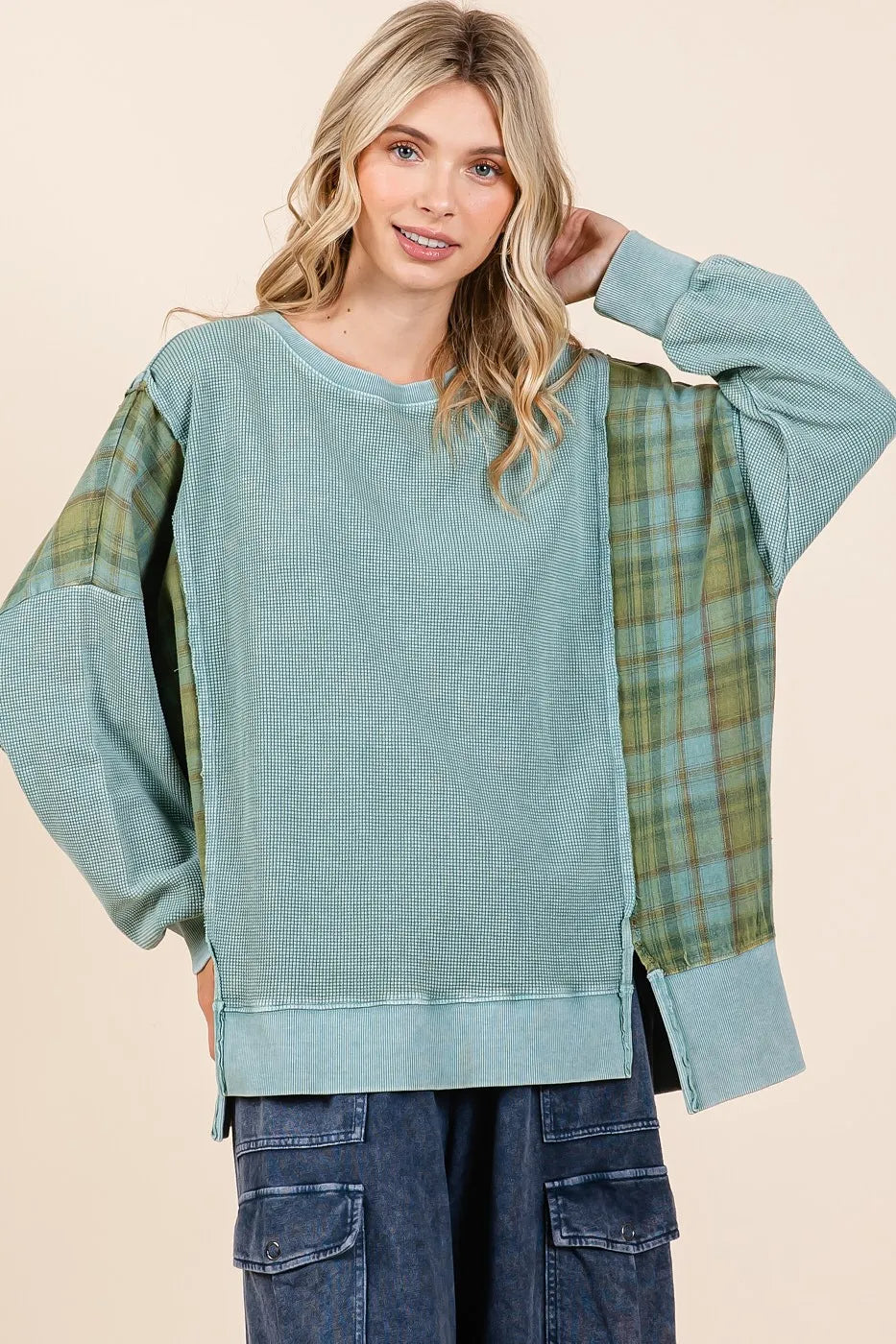 Mittoshop Plaid Panel Mineral Wash French Terry Sweatshirt