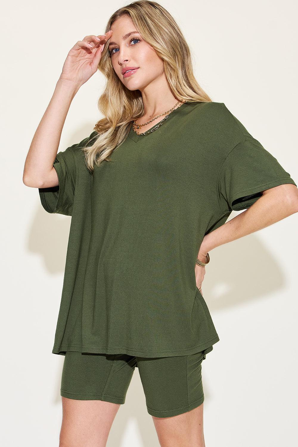 Basic Bae V-Neck T-Shirt and Shorts Set - Full Size Drop Shoulder Outfit