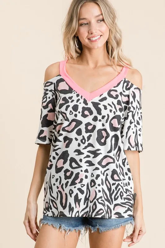 BiBi Leopard Print Top with Shoulder Cut Out