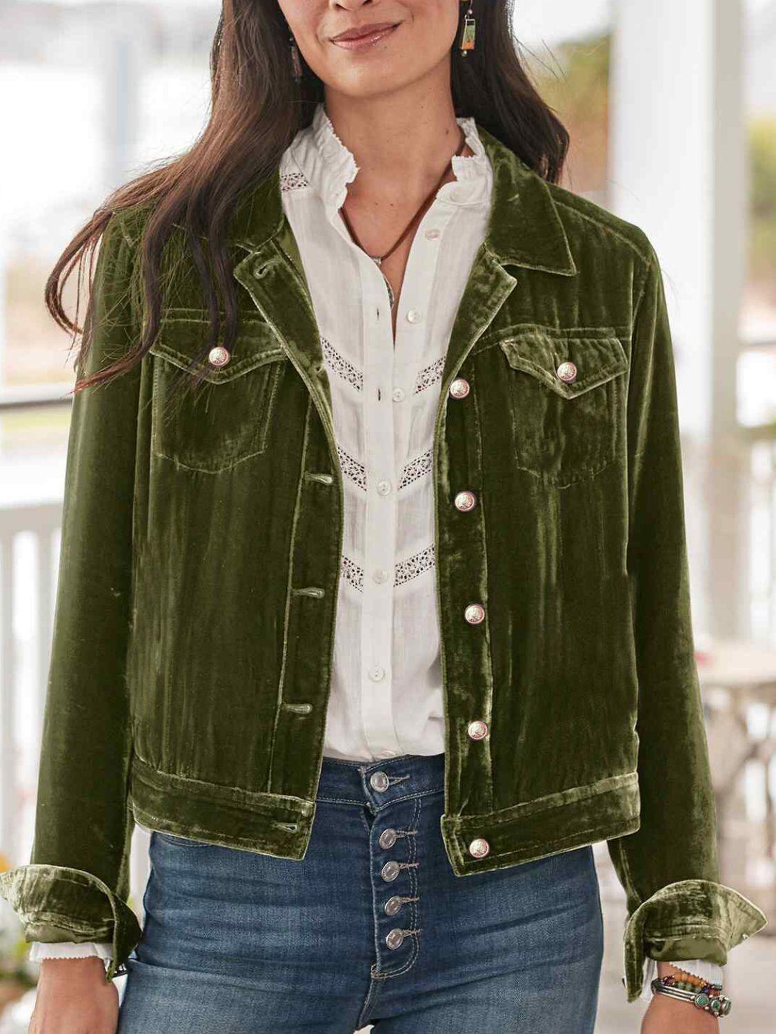 Button Up Long Sleeve Jacket with Chest Pockets Dark Green