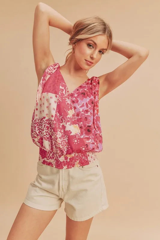 Aemi + Co Smocked Hem Printed Surplice Tank