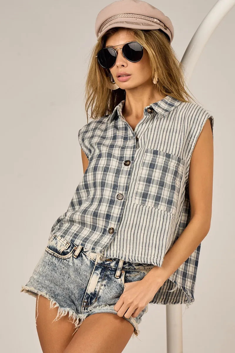 BiBi Vintage Plaid Sleeveless Shirt