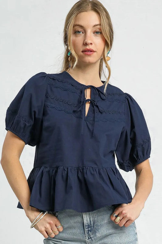 Umgee Tie Front Puff Sleeve Blouse Dark Navy